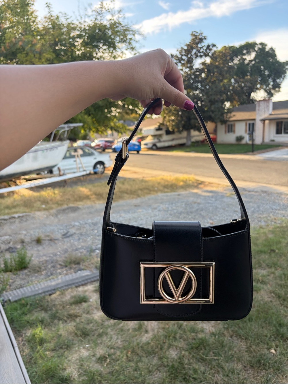 Valentino Black Shoulder Bag with Gold V Logo
